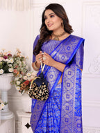 Anaita Blue Soft Satin Silk Bandhej Print Saree With Kanchi Zari Weaving Border | Grocsy