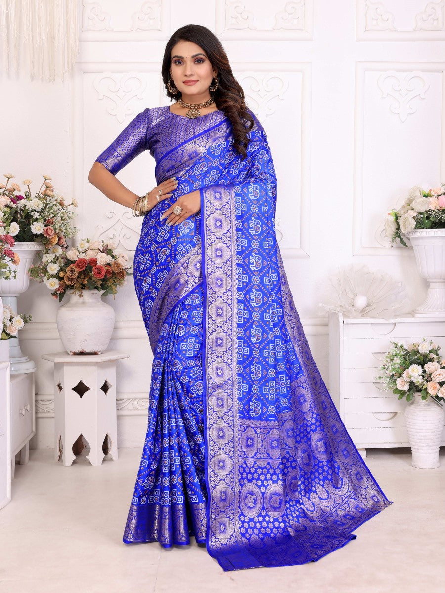 Anaita Blue Soft Satin Silk Bandhej Print Saree With Kanchi Zari Weaving Border | Grocsy