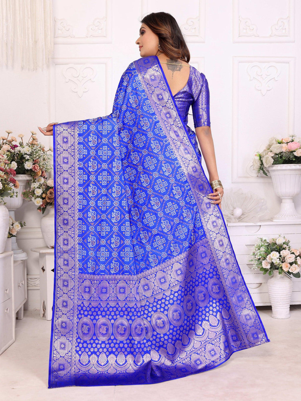 Anaita Blue Soft Satin Silk Bandhej Print Saree With Kanchi Zari Weaving Border | Grocsy
