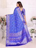 Anaita Blue Soft Satin Silk Bandhej Print Saree With Kanchi Zari Weaving Border | Grocsy
