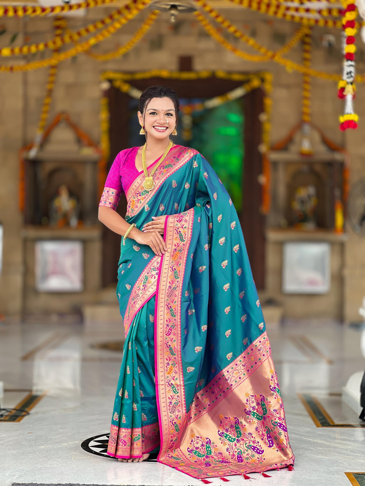 Vedant Vastram Soft Litchi Silk Paithani Jacquard Saree - Aqua | Grocsy