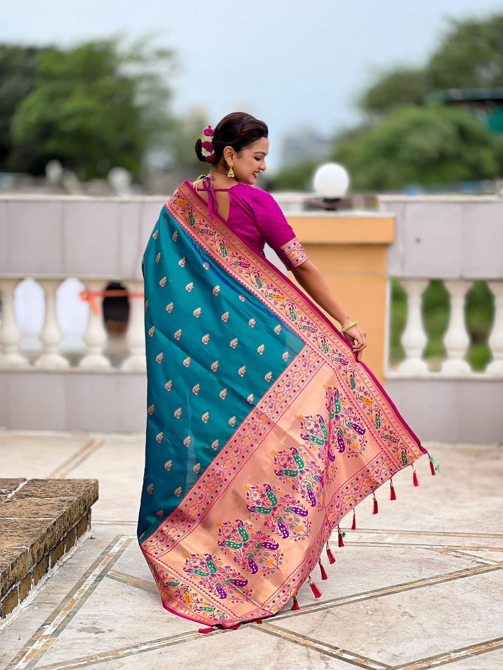 Vedant Vastram Soft Litchi Silk Paithani Jacquard Saree - Aqua | Grocsy