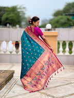 Vedant Vastram Soft Litchi Silk Paithani Jacquard Saree - Aqua | Grocsy