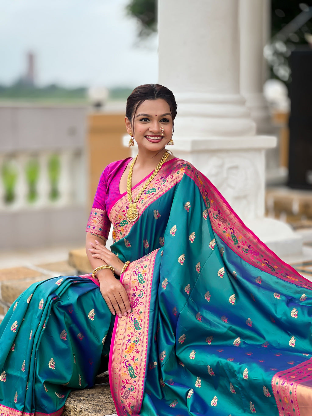 Vedant Vastram Soft Litchi Silk Paithani Jacquard Saree - Aqua | Grocsy