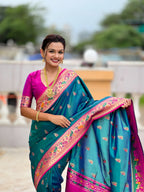 Vedant Vastram Soft Litchi Silk Paithani Jacquard Saree - Aqua | Grocsy