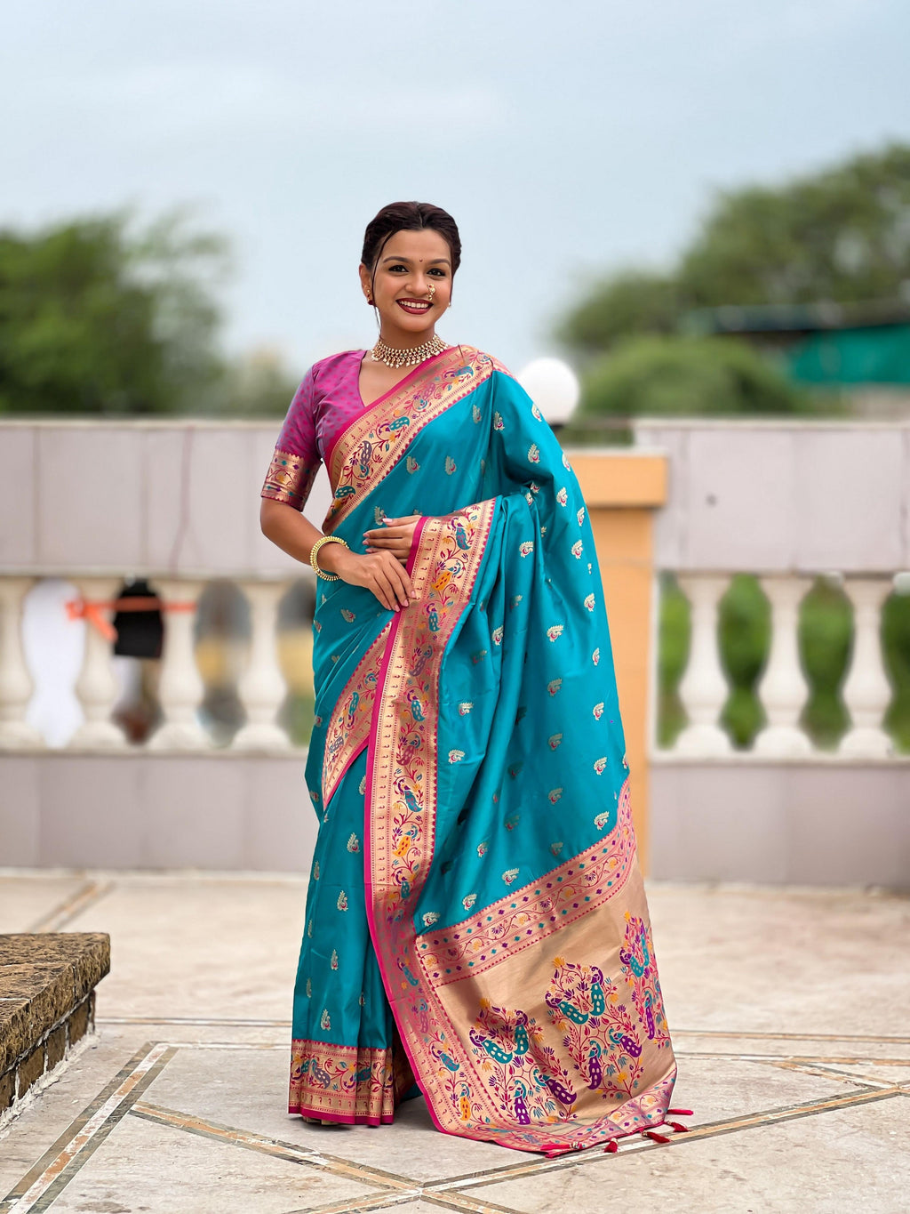 Vedant Vastram Soft Litchi Silk Paithani Jacquard Saree - Firozi | Grocsy