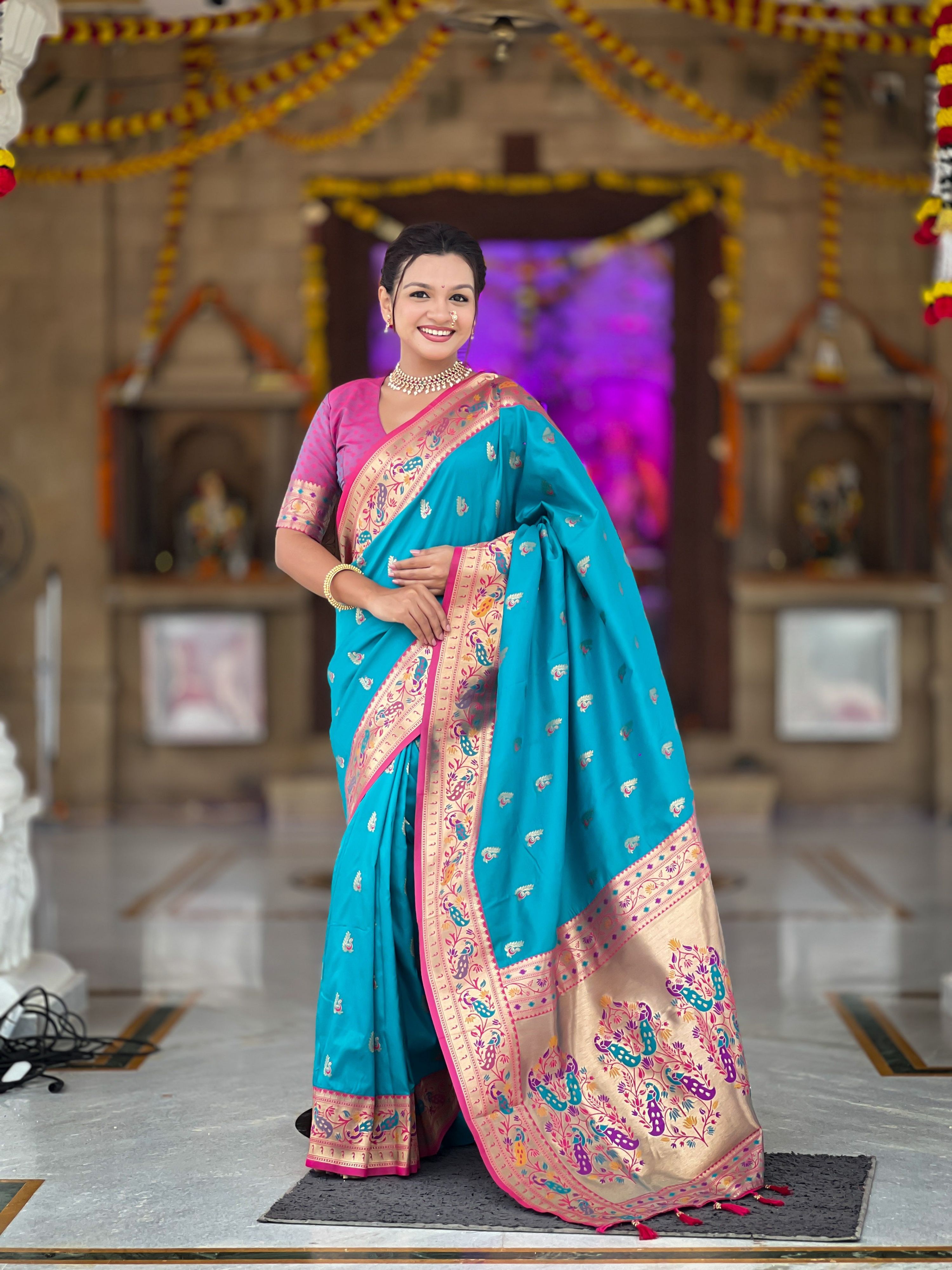 Vedant Vastram Soft Litchi Silk Paithani Jacquard Saree - Firozi | Grocsy