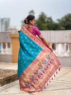 Vedant Vastram Soft Litchi Silk Paithani Jacquard Saree - Firozi | Grocsy