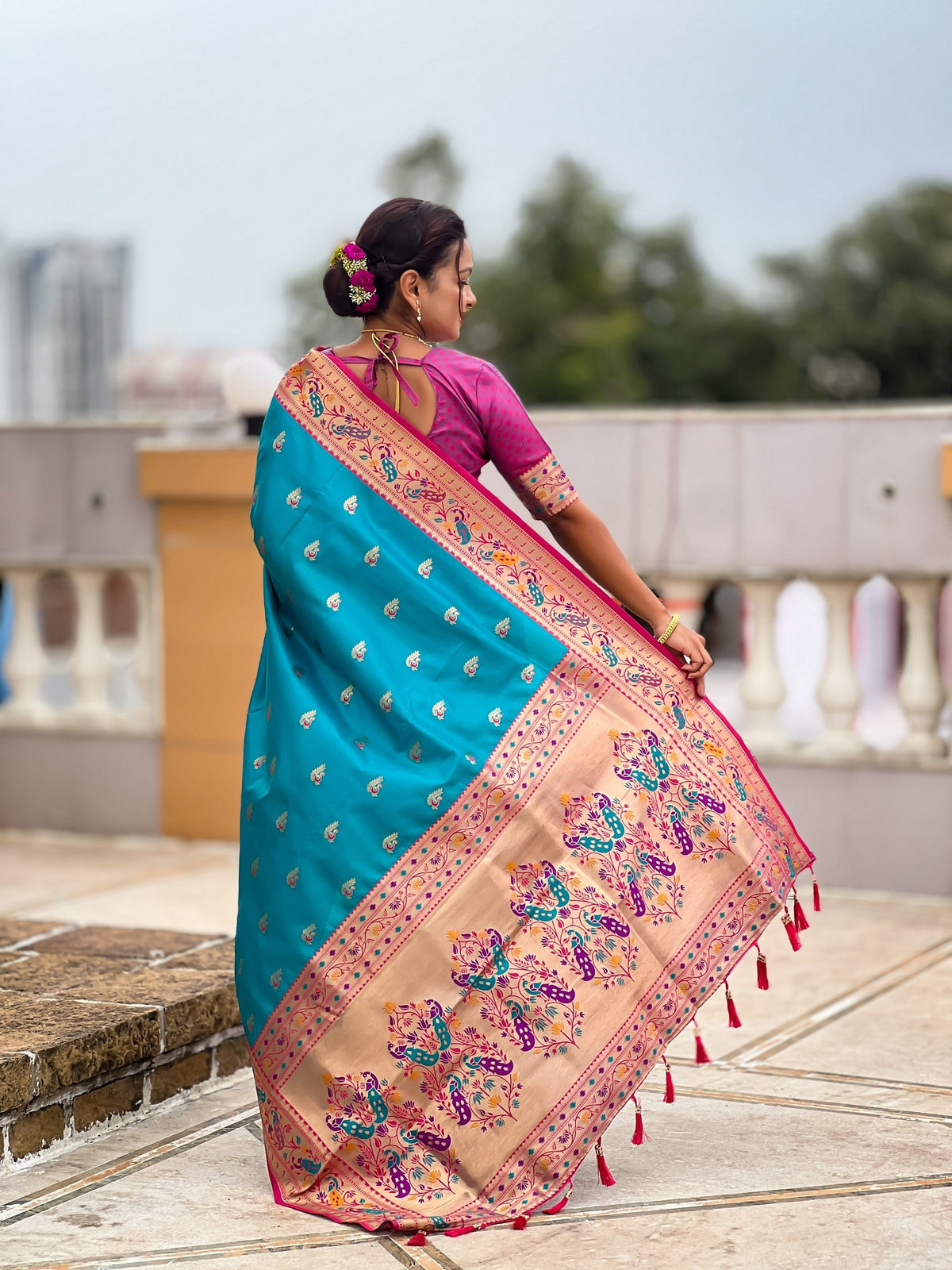Vedant Vastram Soft Litchi Silk Paithani Jacquard Saree - Firozi | Grocsy