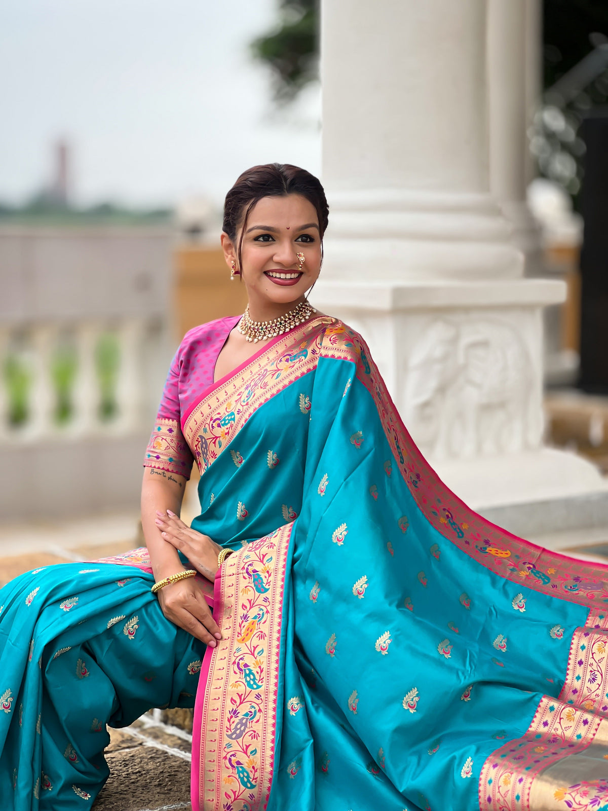 Vedant Vastram Soft Litchi Silk Paithani Jacquard Saree - Firozi | Grocsy