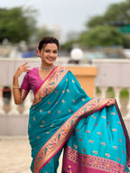 Vedant Vastram Soft Litchi Silk Paithani Jacquard Saree - Firozi | Grocsy
