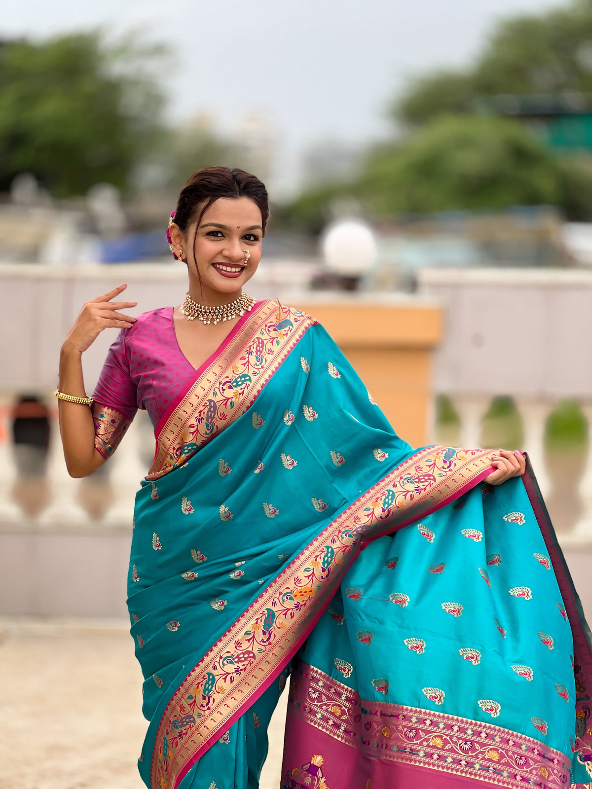 Vedant Vastram Soft Litchi Silk Paithani Jacquard Saree - Firozi | Grocsy