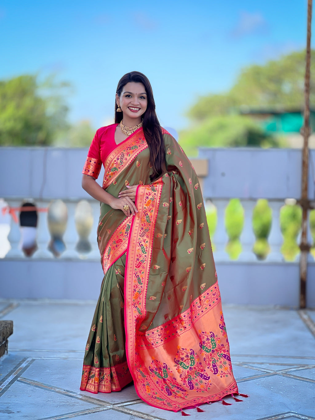 Vedant Vastram Soft Litchi Silk Paithani Jacquard Saree - Mahendi | Grocsy