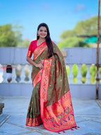Vedant Vastram Soft Litchi Silk Paithani Jacquard Saree - Mahendi | Grocsy