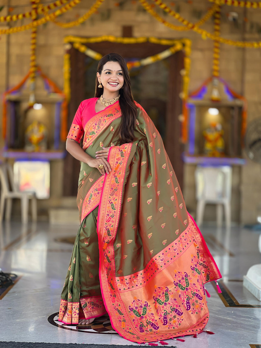 Vedant Vastram Soft Litchi Silk Paithani Jacquard Saree - Mahendi | Grocsy