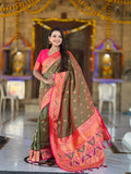 Vedant Vastram Soft Litchi Silk Paithani Jacquard Saree - Mahendi | Grocsy