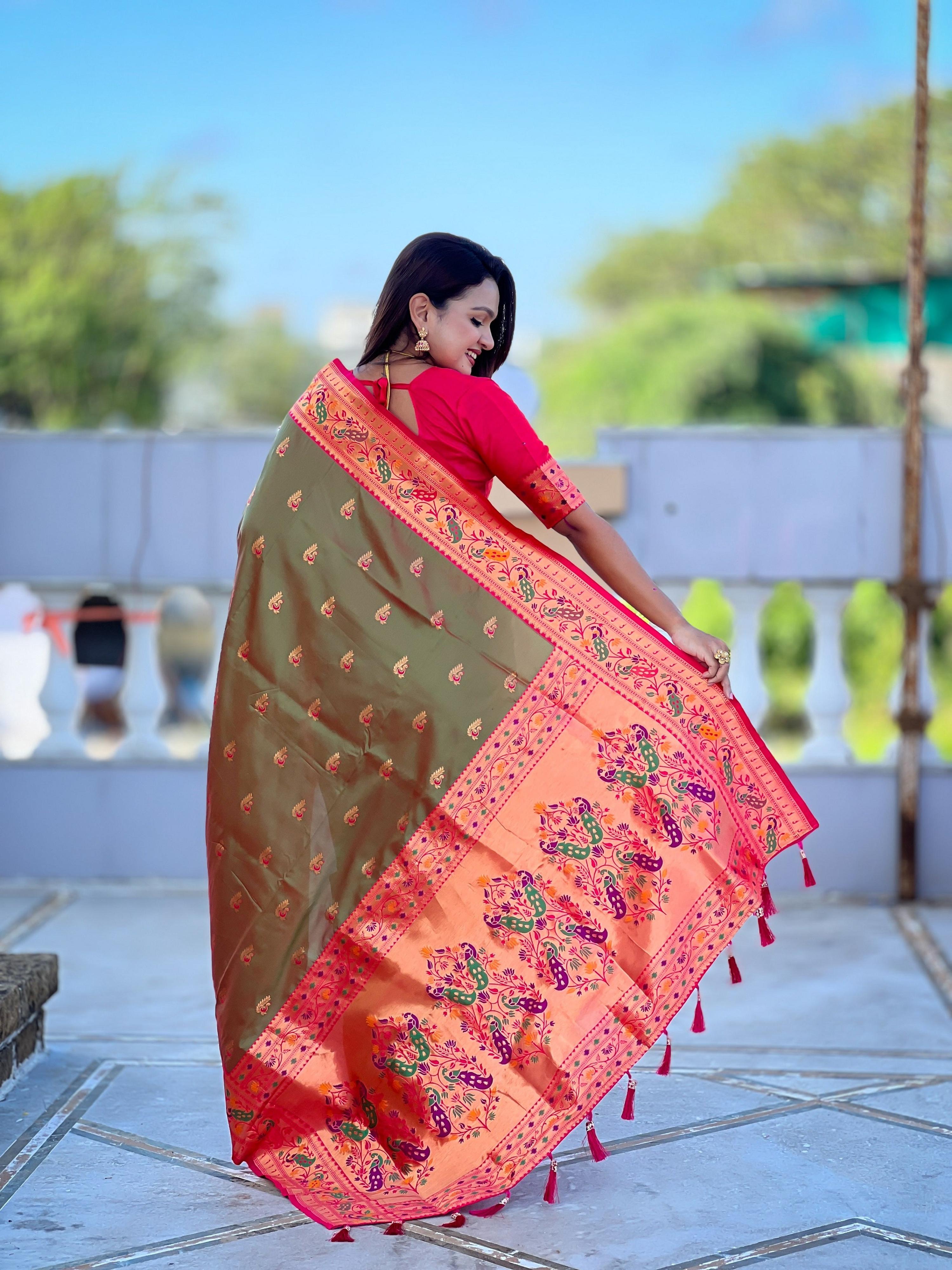 Vedant Vastram Soft Litchi Silk Paithani Jacquard Saree - Mahendi | Grocsy