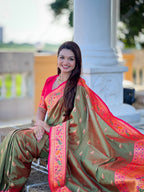 Vedant Vastram Soft Litchi Silk Paithani Jacquard Saree - Mahendi | Grocsy
