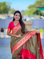 Vedant Vastram Soft Litchi Silk Paithani Jacquard Saree - Mahendi | Grocsy