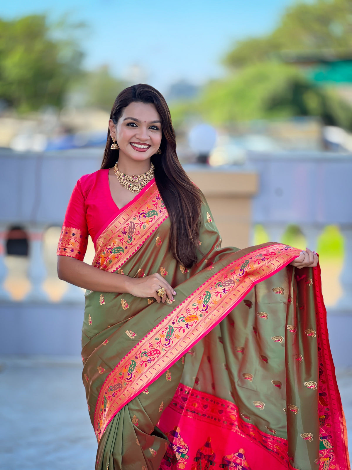 Vedant Vastram Soft Litchi Silk Paithani Jacquard Saree - Mahendi | Grocsy