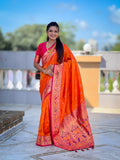 Vedant Vastram Soft Litchi Silk Paithani Jacquard Saree - Orange | Grocsy