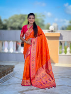 Vedant Vastram Soft Litchi Silk Paithani Jacquard Saree - Orange | Grocsy