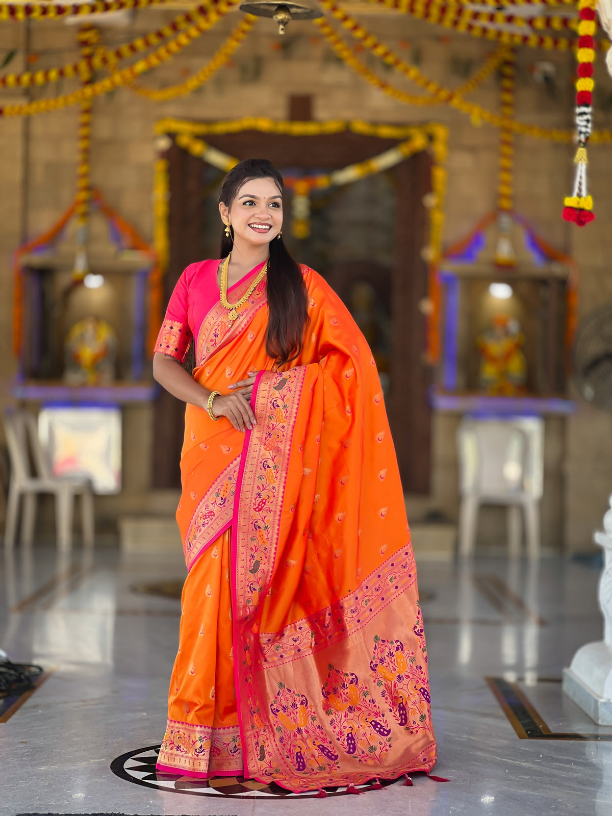 Vedant Vastram Soft Litchi Silk Paithani Jacquard Saree - Orange | Grocsy