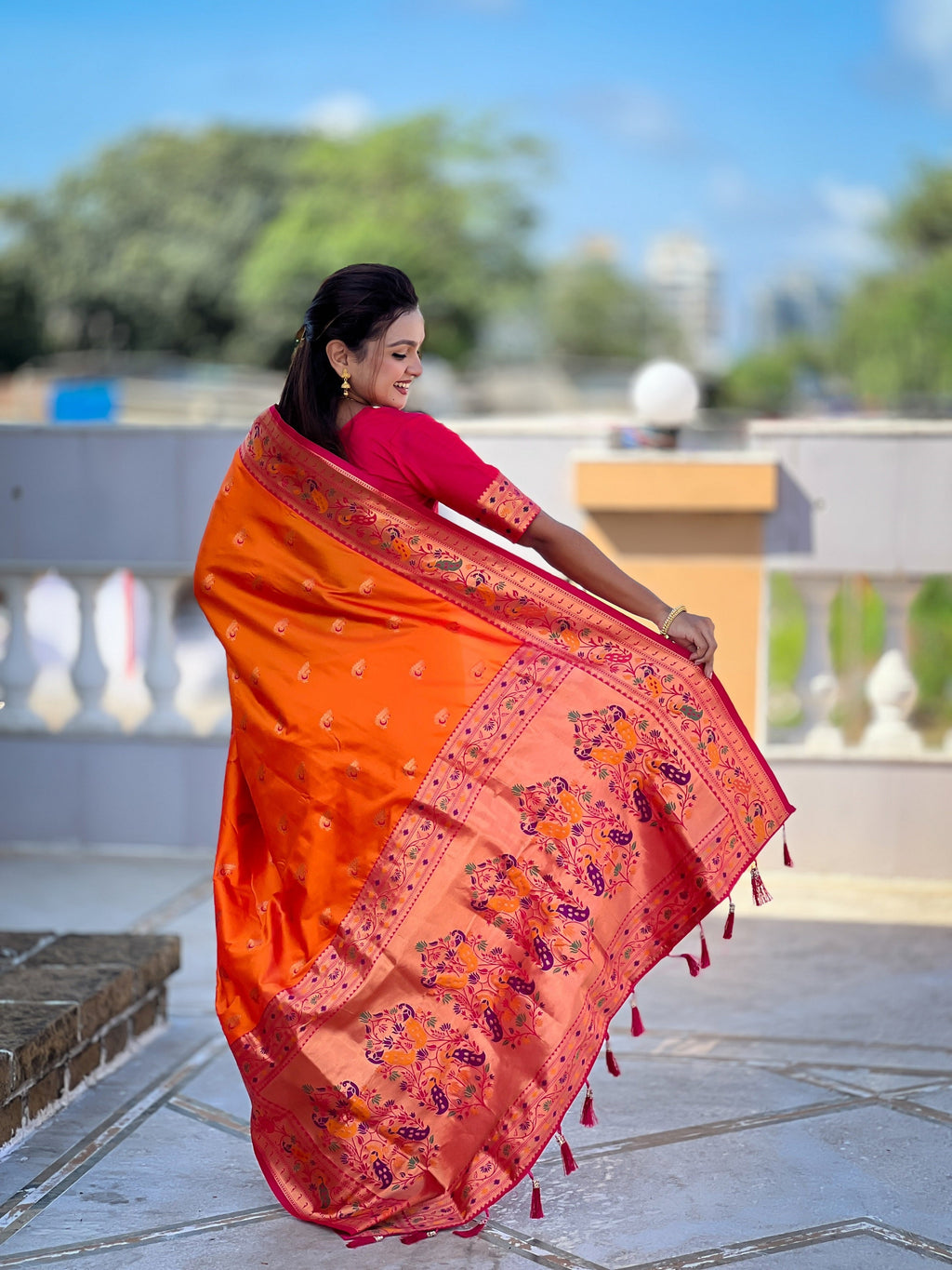 Vedant Vastram Soft Litchi Silk Paithani Jacquard Saree - Orange | Grocsy