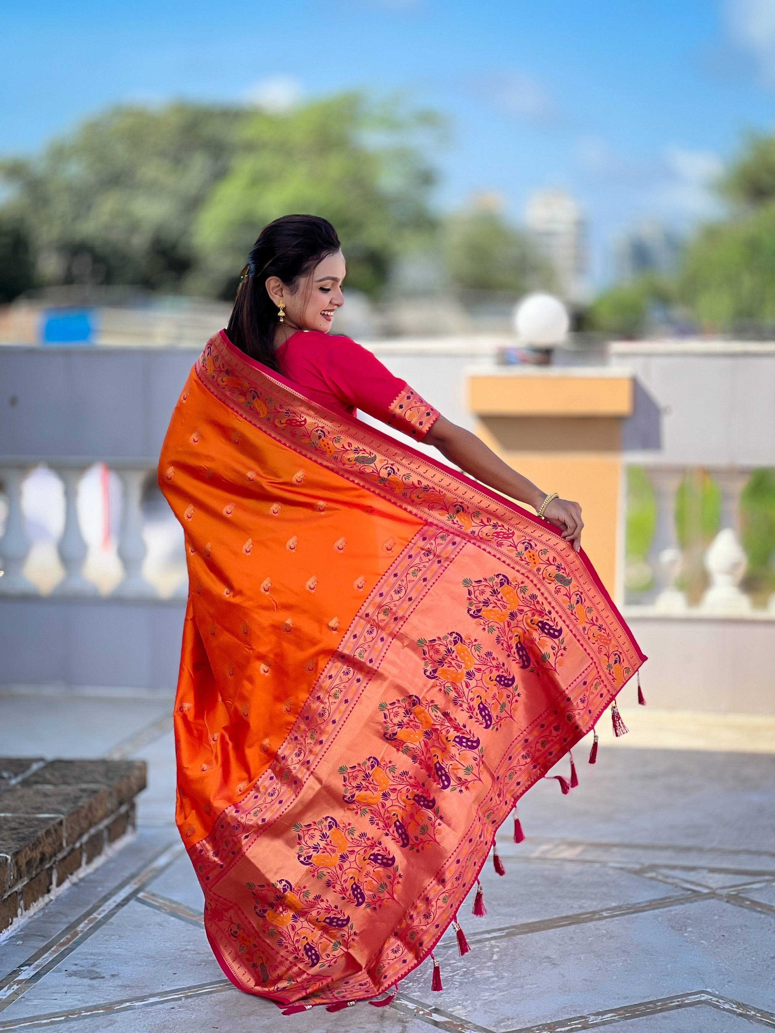 Vedant Vastram Soft Litchi Silk Paithani Jacquard Saree - Orange | Grocsy