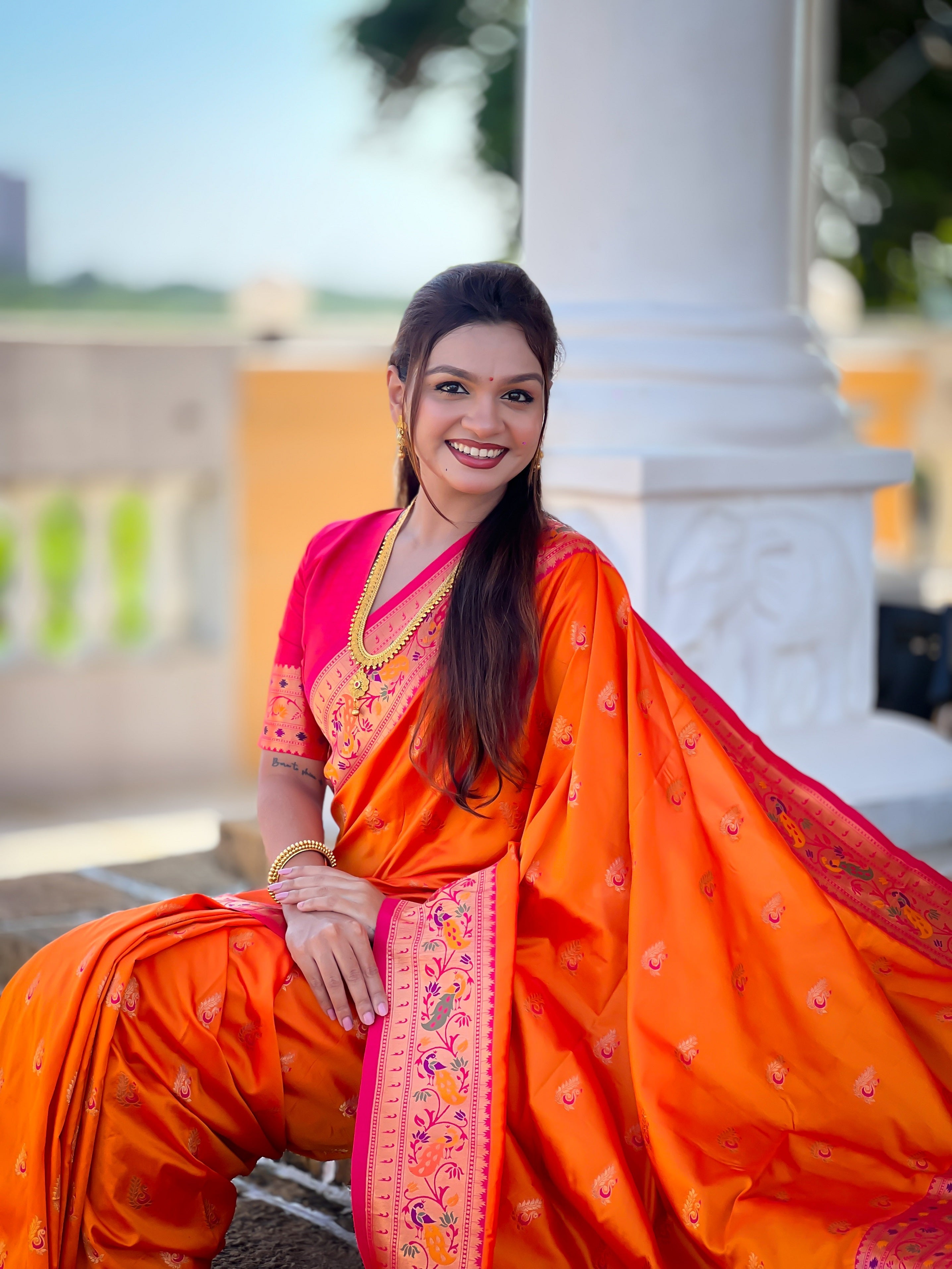 Vedant Vastram Soft Litchi Silk Paithani Jacquard Saree - Orange | Grocsy