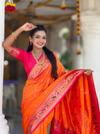Vedant Vastram Soft Litchi Silk Paithani Jacquard Saree - Orange | Grocsy