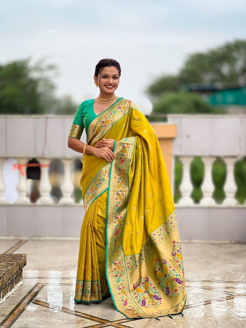 Vedant Vastram Soft Litchi Silk Paithani Jacquard Saree - Olive | Grocsy