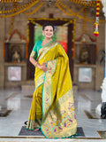 Vedant Vastram Soft Litchi Silk Paithani Jacquard Saree - Olive | Grocsy
