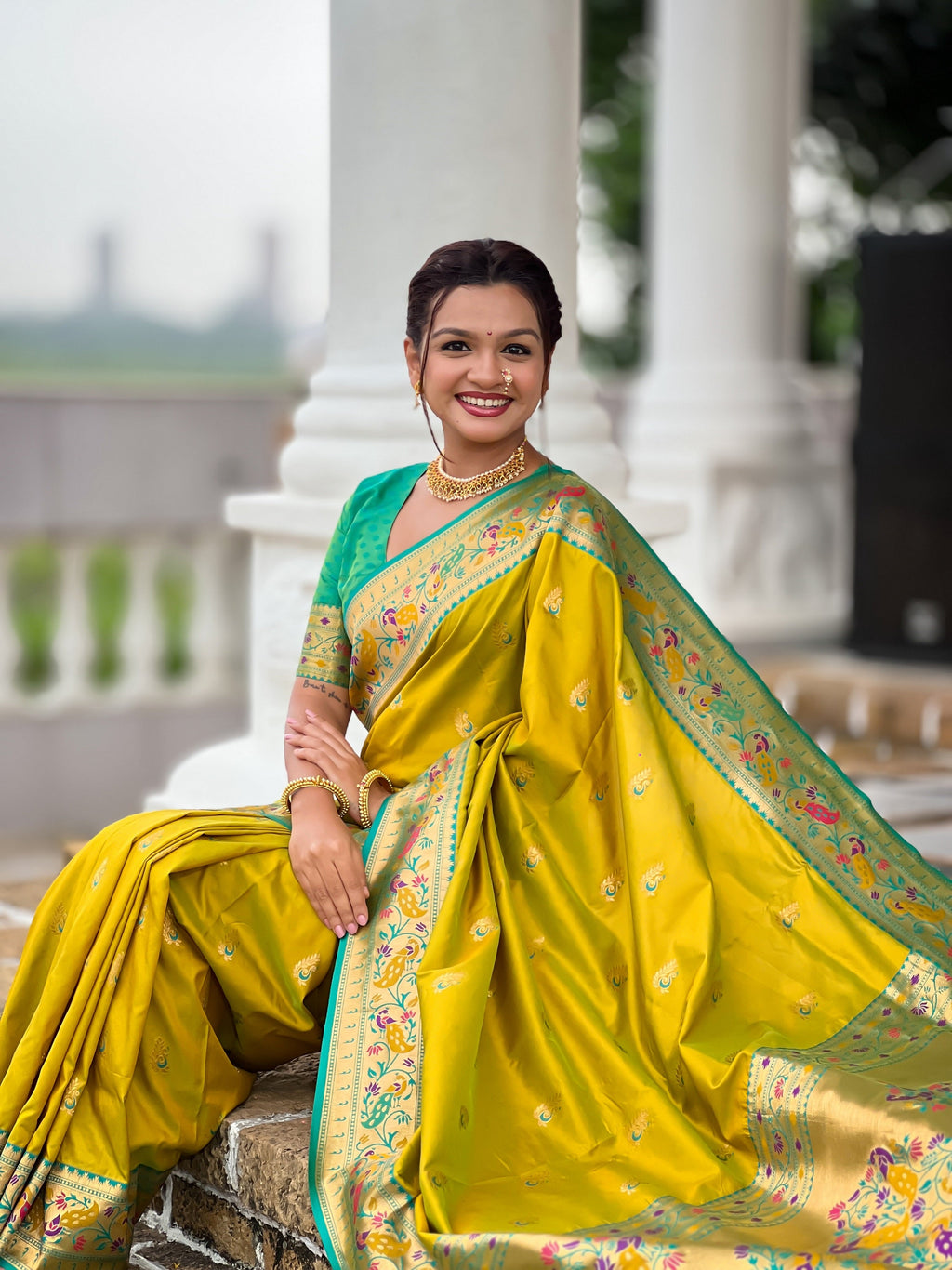 Vedant Vastram Soft Litchi Silk Paithani Jacquard Saree - Olive | Grocsy