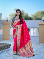 Vedant Vastram Soft Litchi Silk Paithani Jacquard Saree - Pink | Grocsy