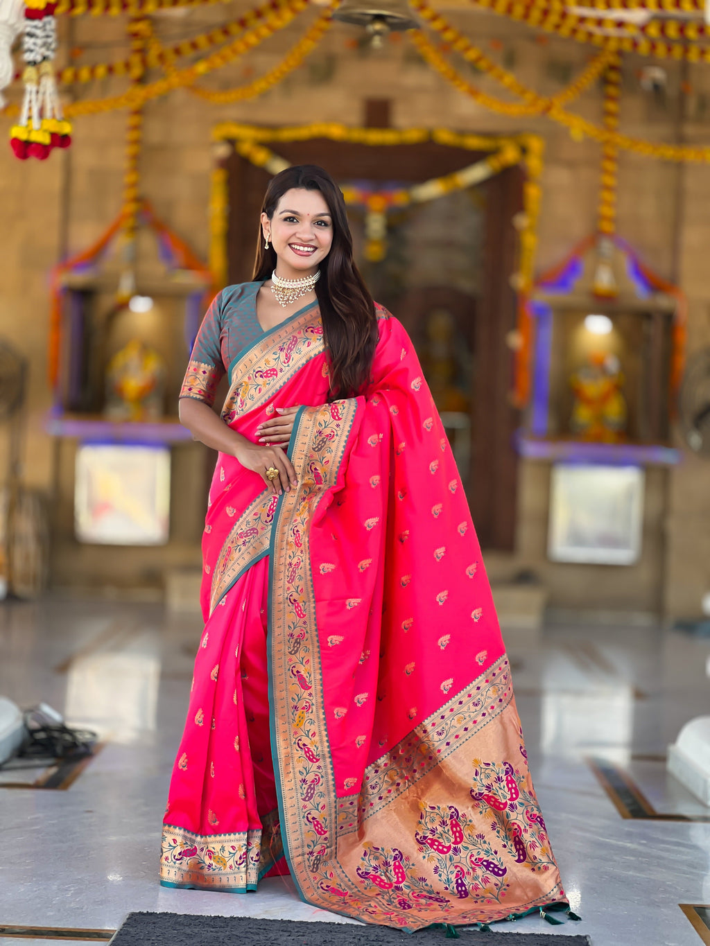 Vedant Vastram Soft Litchi Silk Paithani Jacquard Saree - Pink | Grocsy