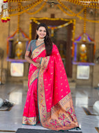 Vedant Vastram Soft Litchi Silk Paithani Jacquard Saree - Pink | Grocsy