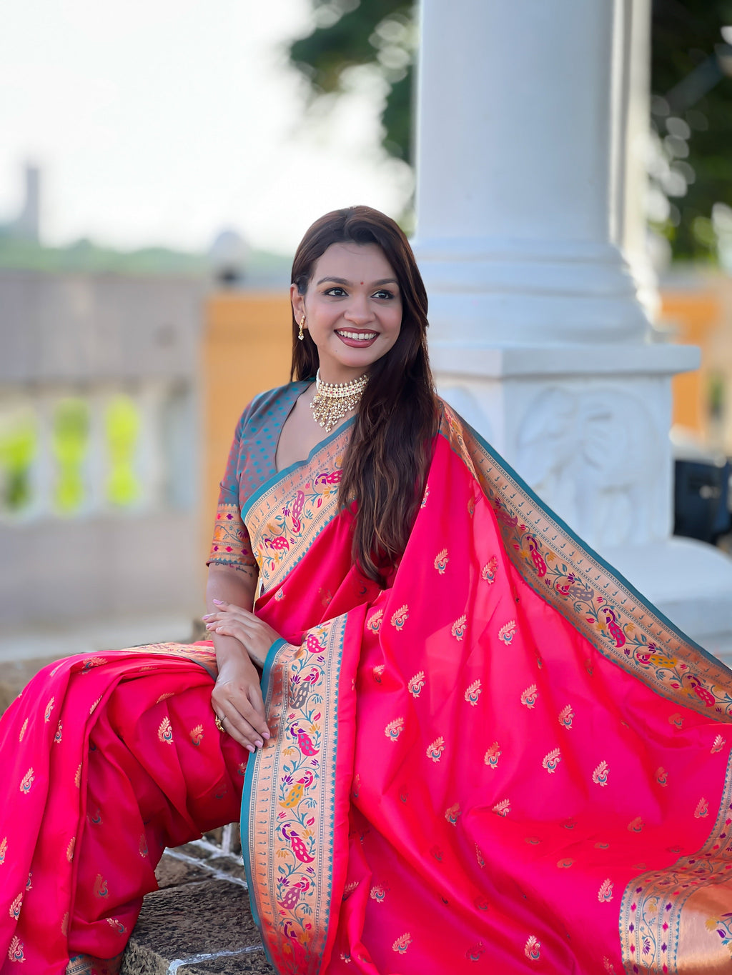 Vedant Vastram Soft Litchi Silk Paithani Jacquard Saree - Pink | Grocsy