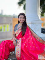 Vedant Vastram Soft Litchi Silk Paithani Jacquard Saree - Pink | Grocsy
