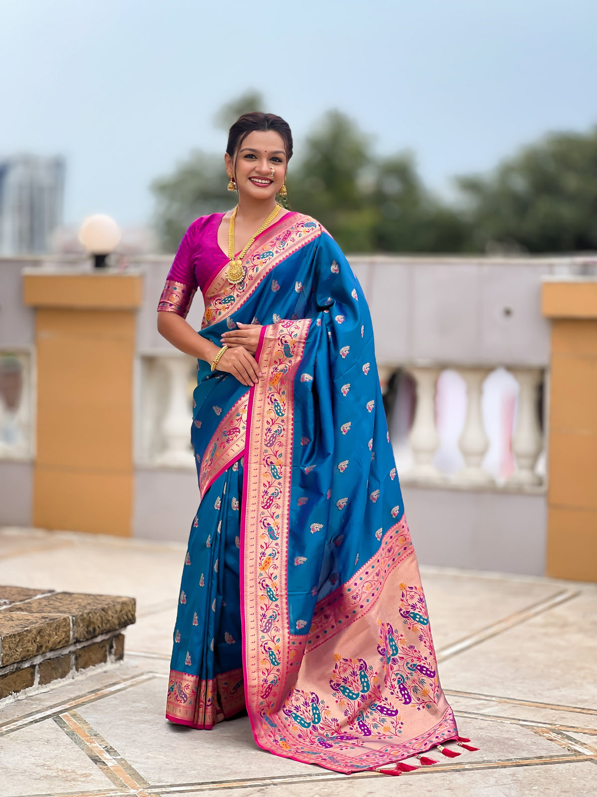 Vedant Vastram Soft Litchi Silk Paithani Jacquard Saree - Skyblue | Grocsy