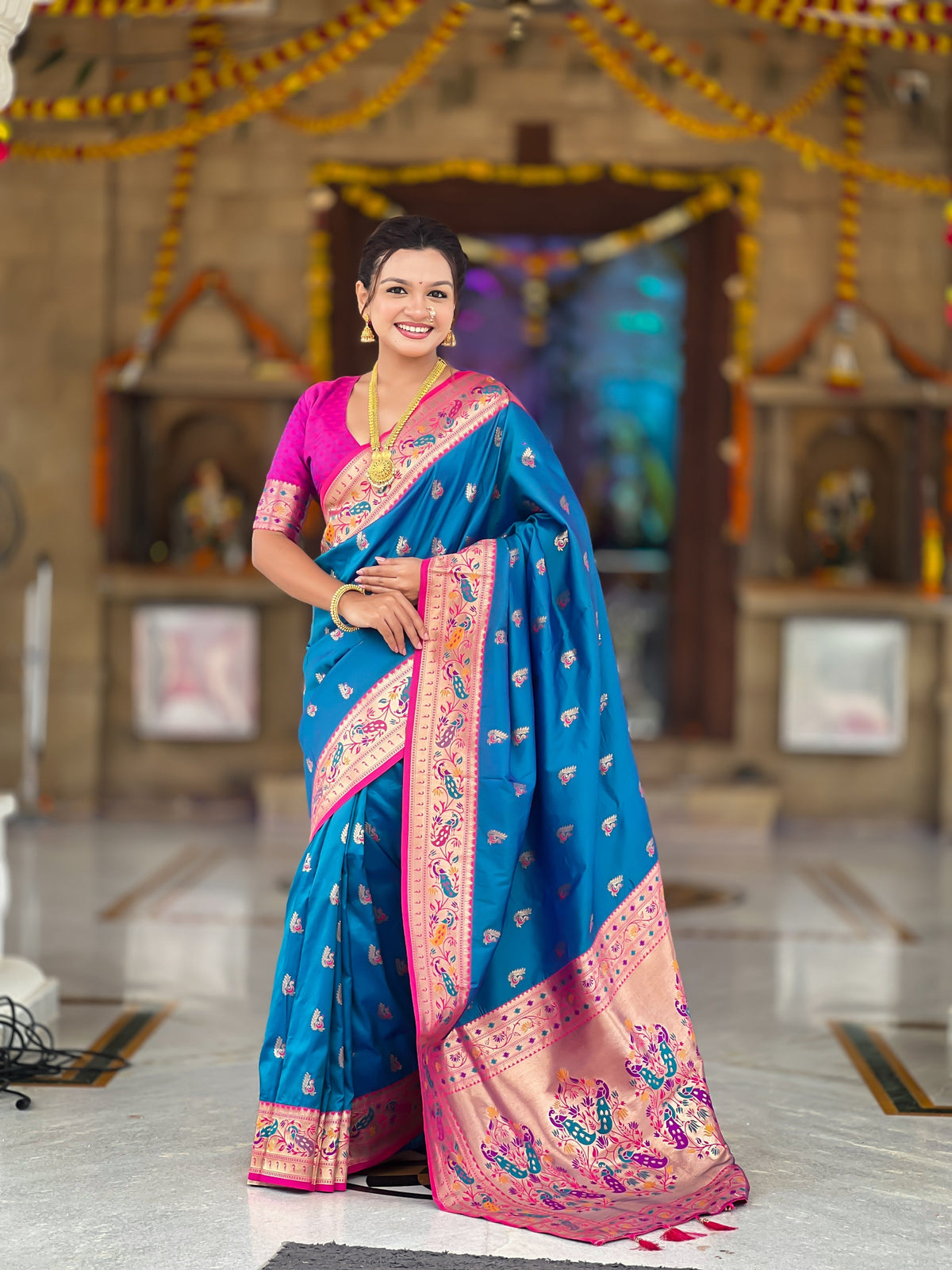 Vedant Vastram Soft Litchi Silk Paithani Jacquard Saree - Skyblue | Grocsy