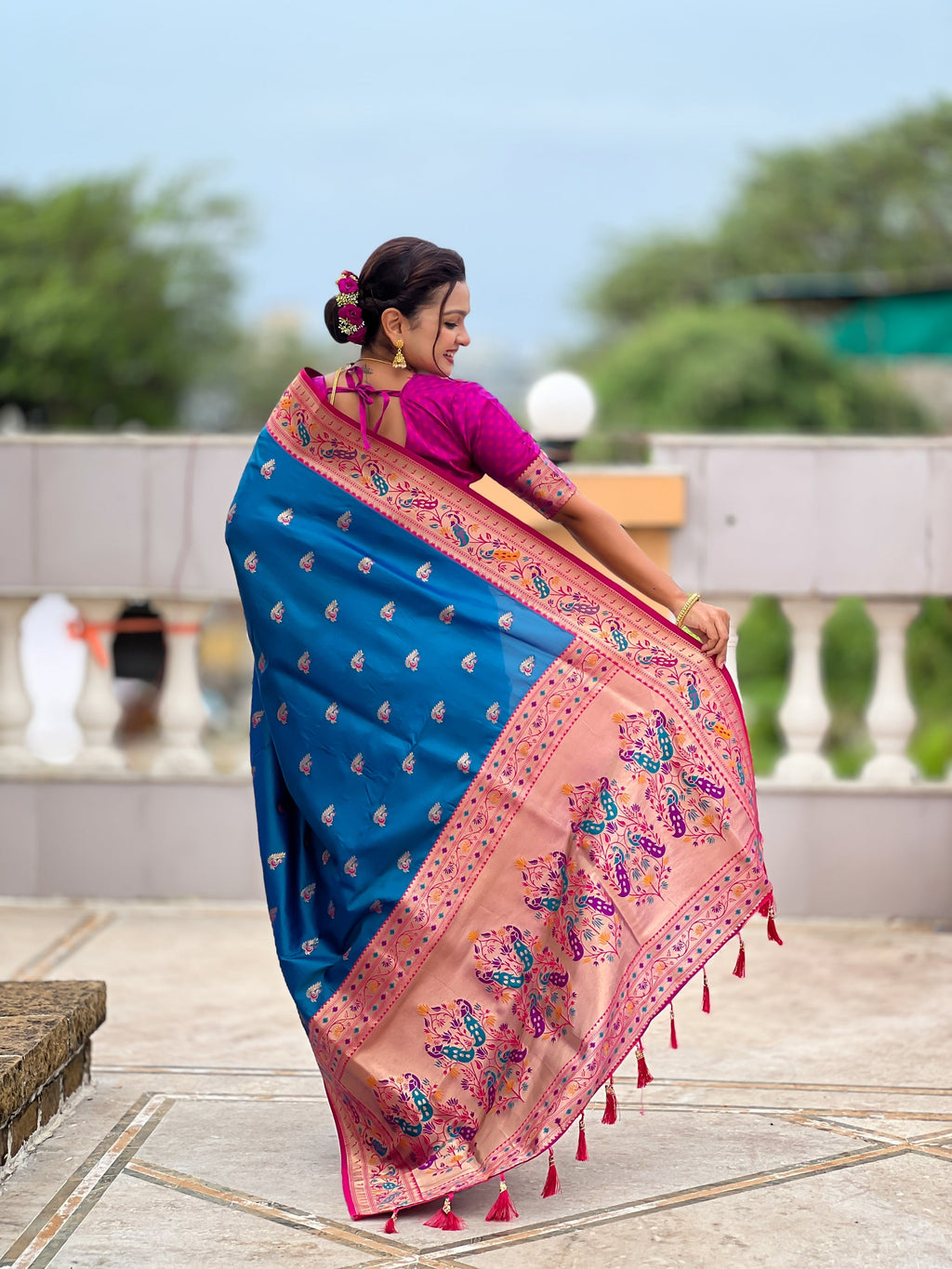Vedant Vastram Soft Litchi Silk Paithani Jacquard Saree - Skyblue | Grocsy