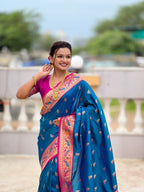 Vedant Vastram Soft Litchi Silk Paithani Jacquard Saree - Skyblue | Grocsy