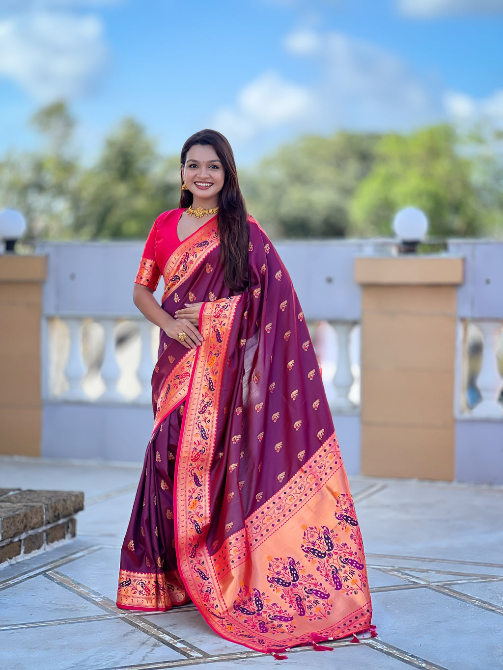 Vedant Vastram Soft Litchi Silk Paithani Jacquard Saree - Wine | Grocsy
