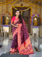 Vedant Vastram Soft Litchi Silk Paithani Jacquard Saree - Wine | Grocsy