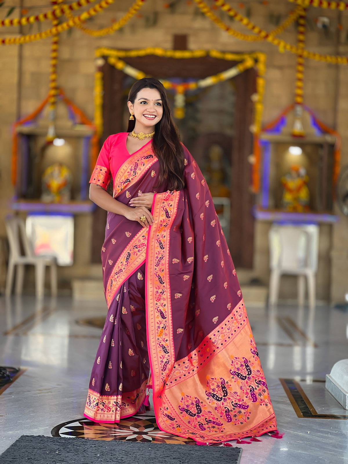 Vedant Vastram Soft Litchi Silk Paithani Jacquard Saree - Wine | Grocsy