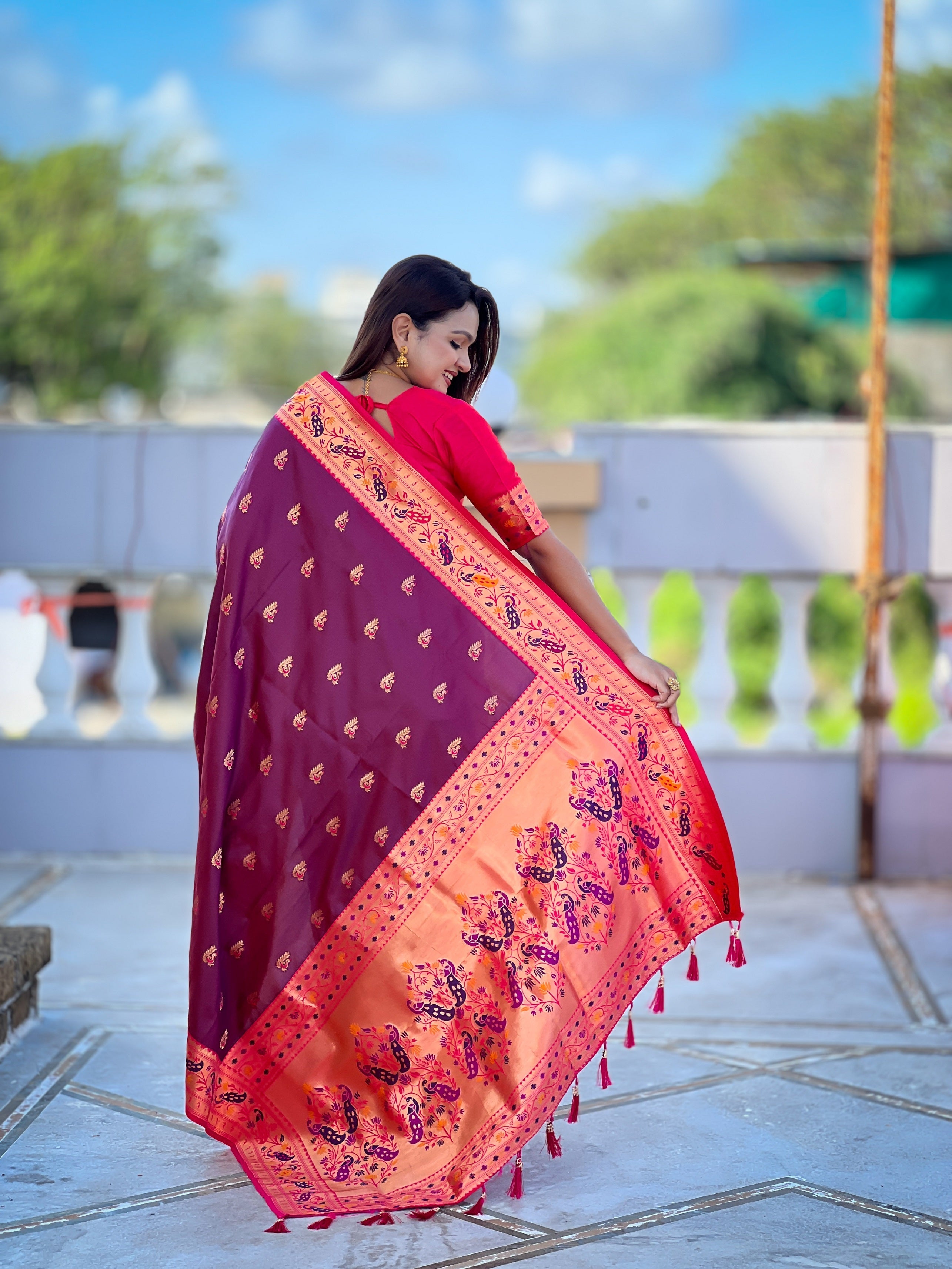 Vedant Vastram Soft Litchi Silk Paithani Jacquard Saree - Wine | Grocsy