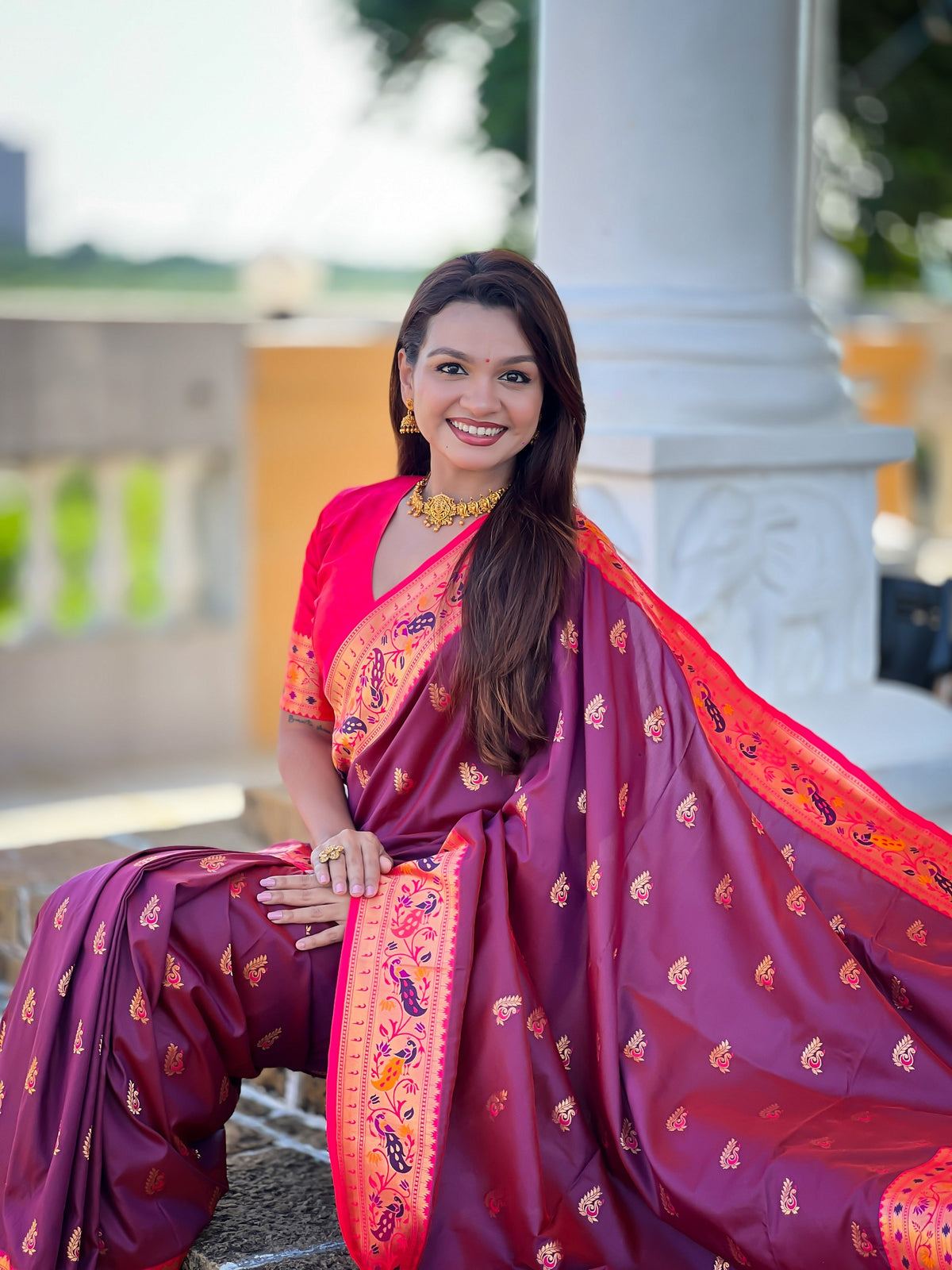 Vedant Vastram Soft Litchi Silk Paithani Jacquard Saree - Wine | Grocsy