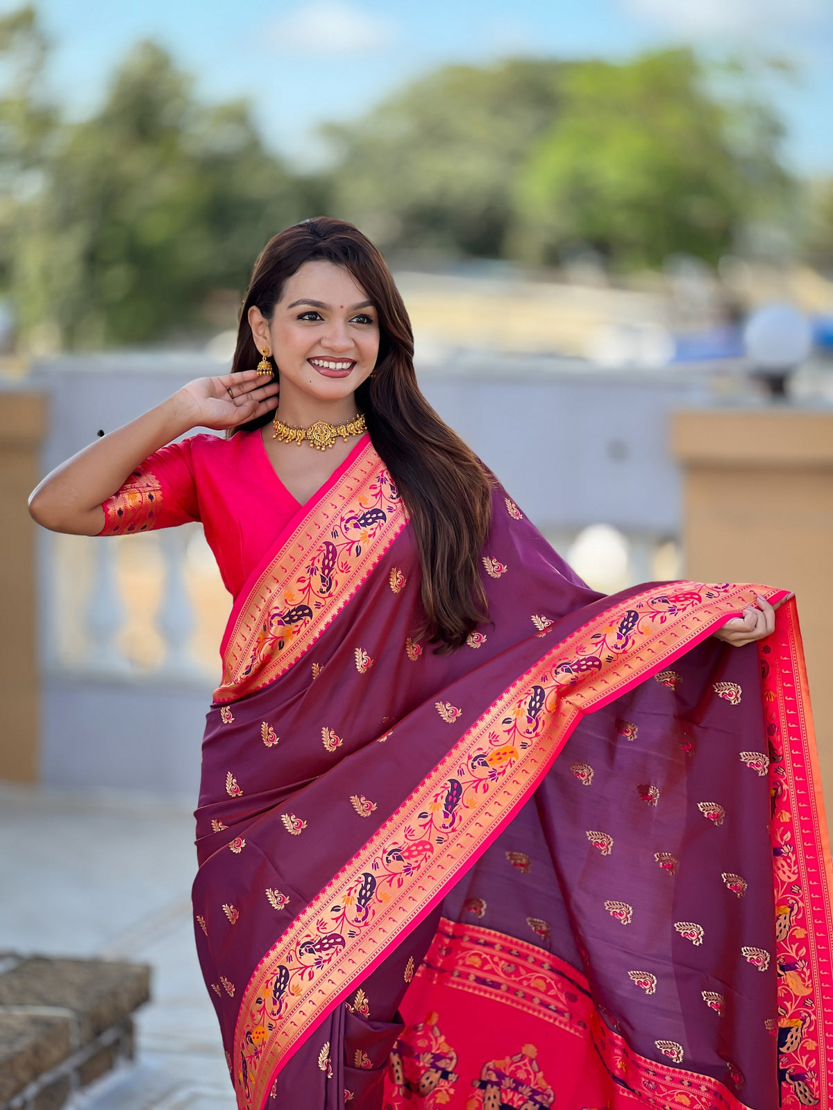 Vedant Vastram Soft Litchi Silk Paithani Jacquard Saree - Wine | Grocsy