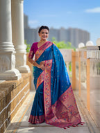 Vedant Vastram Soft Litchi Silk Paithani Jacquard Saree - Firozi | Grocsy